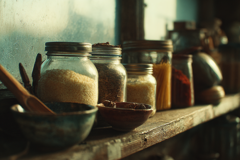 Glass mason jars of rice, cumin seed, pasta, and paprika lined along a weathered wood shelf, with two small ceramic bowls and a wooden spoon in soft window light.