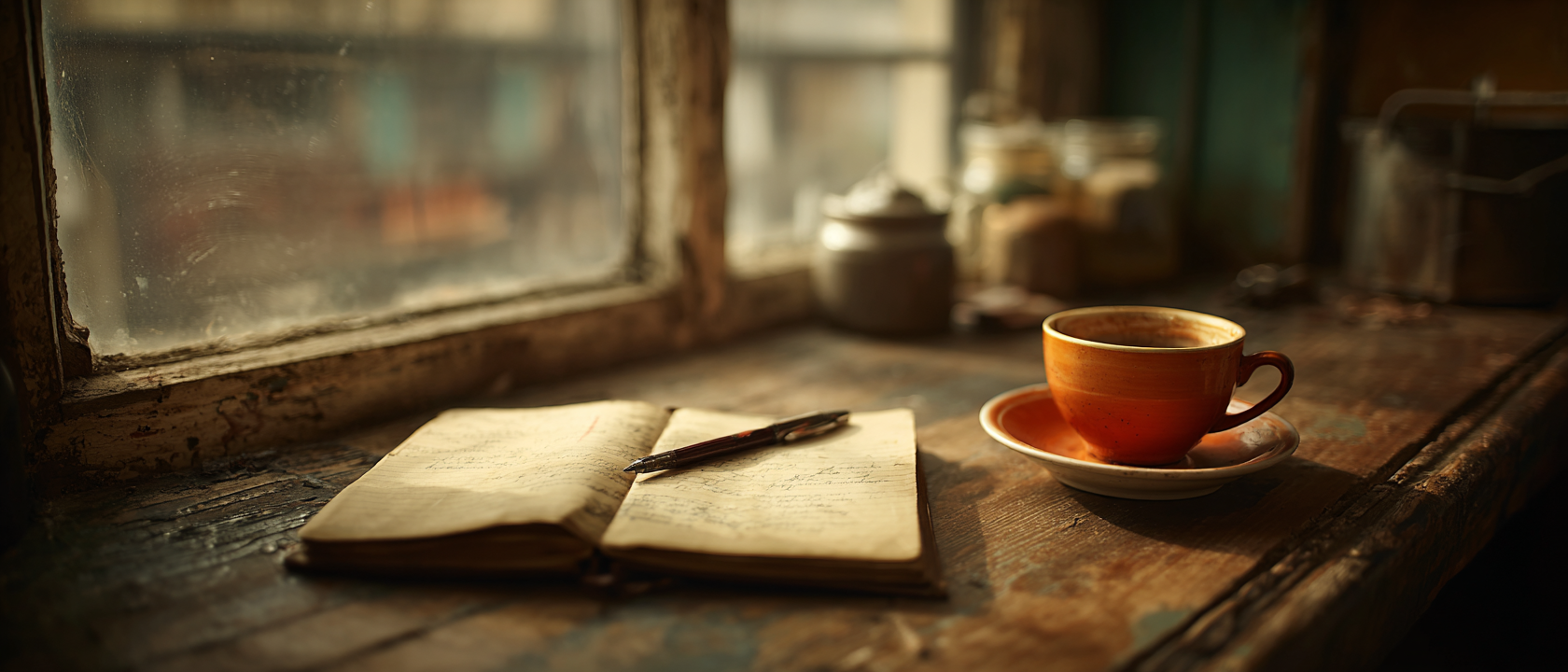 An open handwritten journal beside a warm orange cup of tea on a weathered windowsill in golden light.