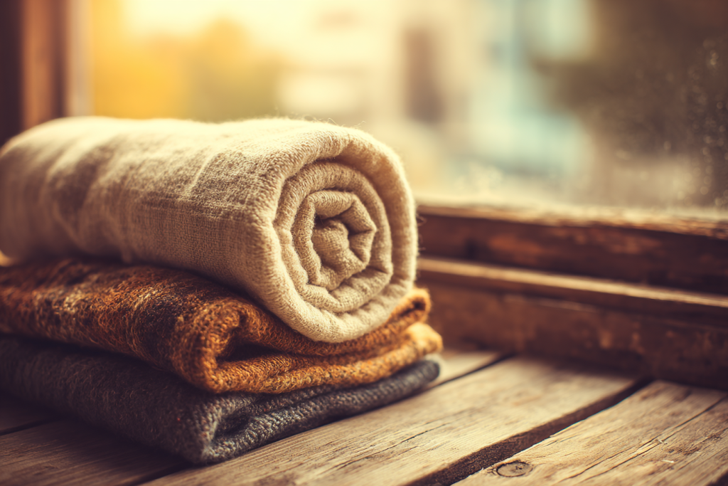 A rolled cream linen throw resting on a folded stack of ochre and gray blankets, on a weathered wood shelf beside a sunlit window.