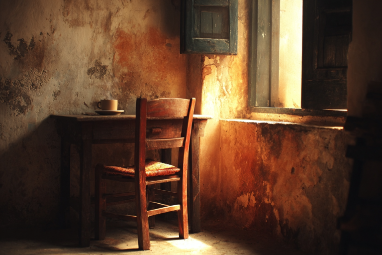 A single wooden chair drawn up to a small table by a shuttered window, one cup set on the table, warm sunlight raking across weathered plaster walls.