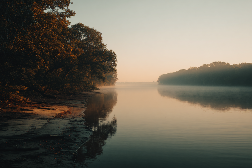 A leafy tree leans over the left bank of a mirror-flat river at dawn, its silhouette reflected on the water. Mist softens the distant treeline.