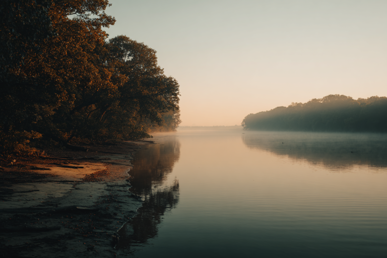 A leafy tree leans over the left bank of a mirror-flat river at dawn, its silhouette reflected on the water. Mist softens the distant treeline.