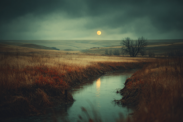 A nearly full moon hangs above rolling prairie grasslands at dusk, its light reflected in a slow creek winding through rust and gold reeds toward a bare tree on the horizon.