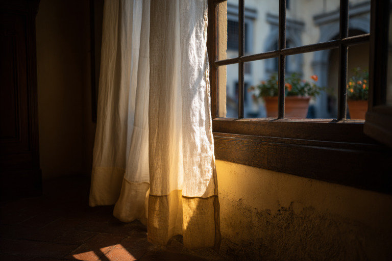 A pale linen curtain hangs half-drawn in a warm-lit interior, backlit by a golden window that opens onto a stone courtyard with terracotta pots.
