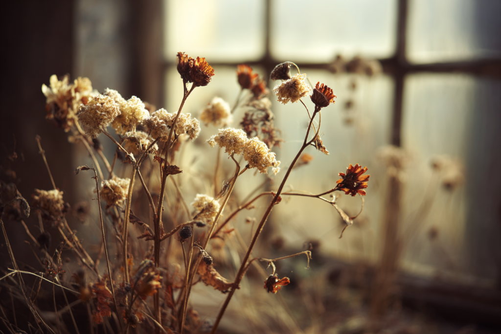 Dried wildflowers and seed heads catching backlit sun through an old windowpane, muted brown and rust tones with one amber blossom.