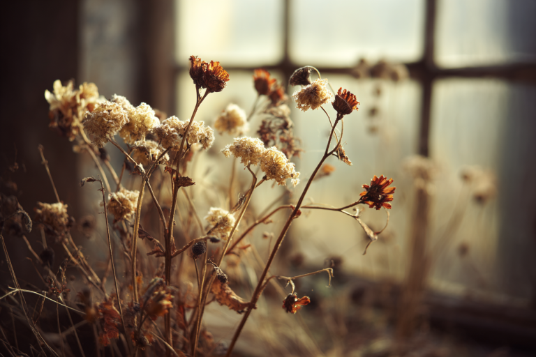 Dried wildflowers and seed heads catching backlit sun through an old windowpane, muted brown and rust tones with one amber blossom.