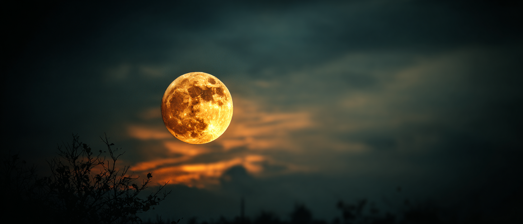 Full moon rising over silhouetted trees