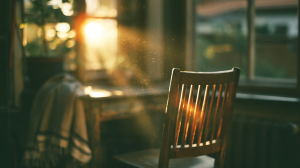 A wooden chair pulled back from a desk by a sunlit window in warm morning light.
