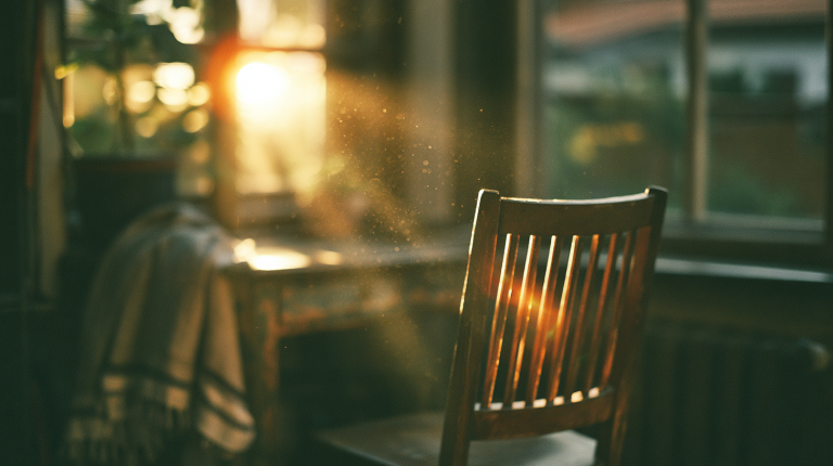 A wooden chair pulled back from a desk by a sunlit window in warm morning light.
