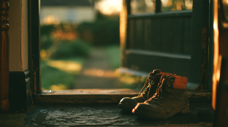 Worn walking boots resting at an open doorway that looks out onto a garden path in warm golden light.