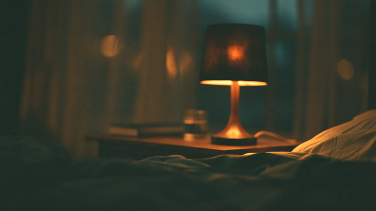 A bedside lamp glowing beside a bed at dusk