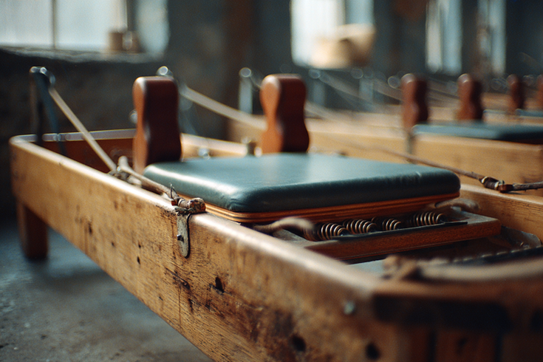 A Pilates reformer in a warm studio