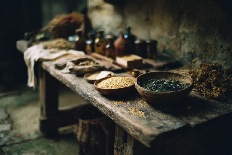 A rustic table of grains, dried herbs, and bowls
