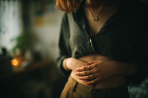 A person standing quietly by candlelight, hands folded